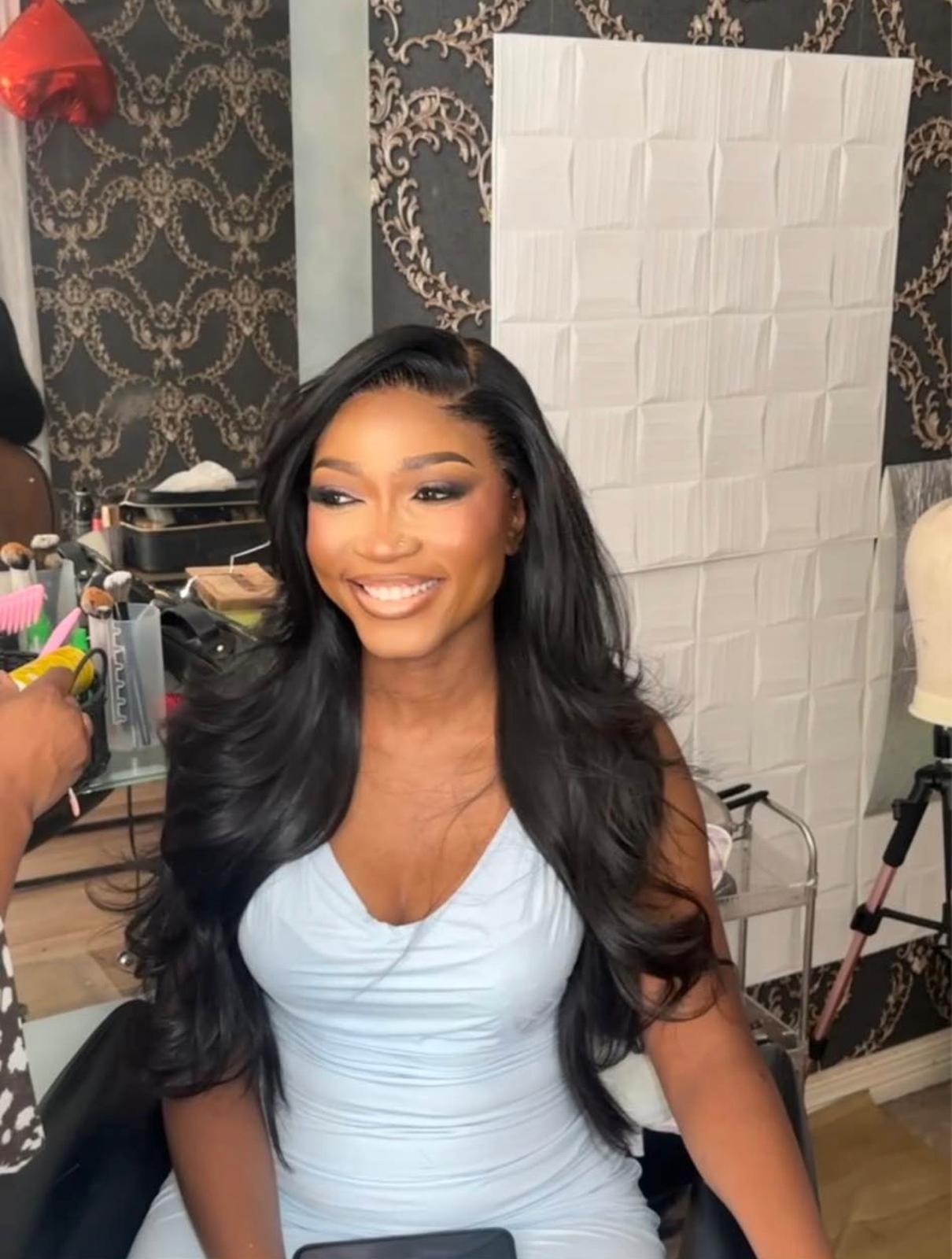 Black wig installation and styling result